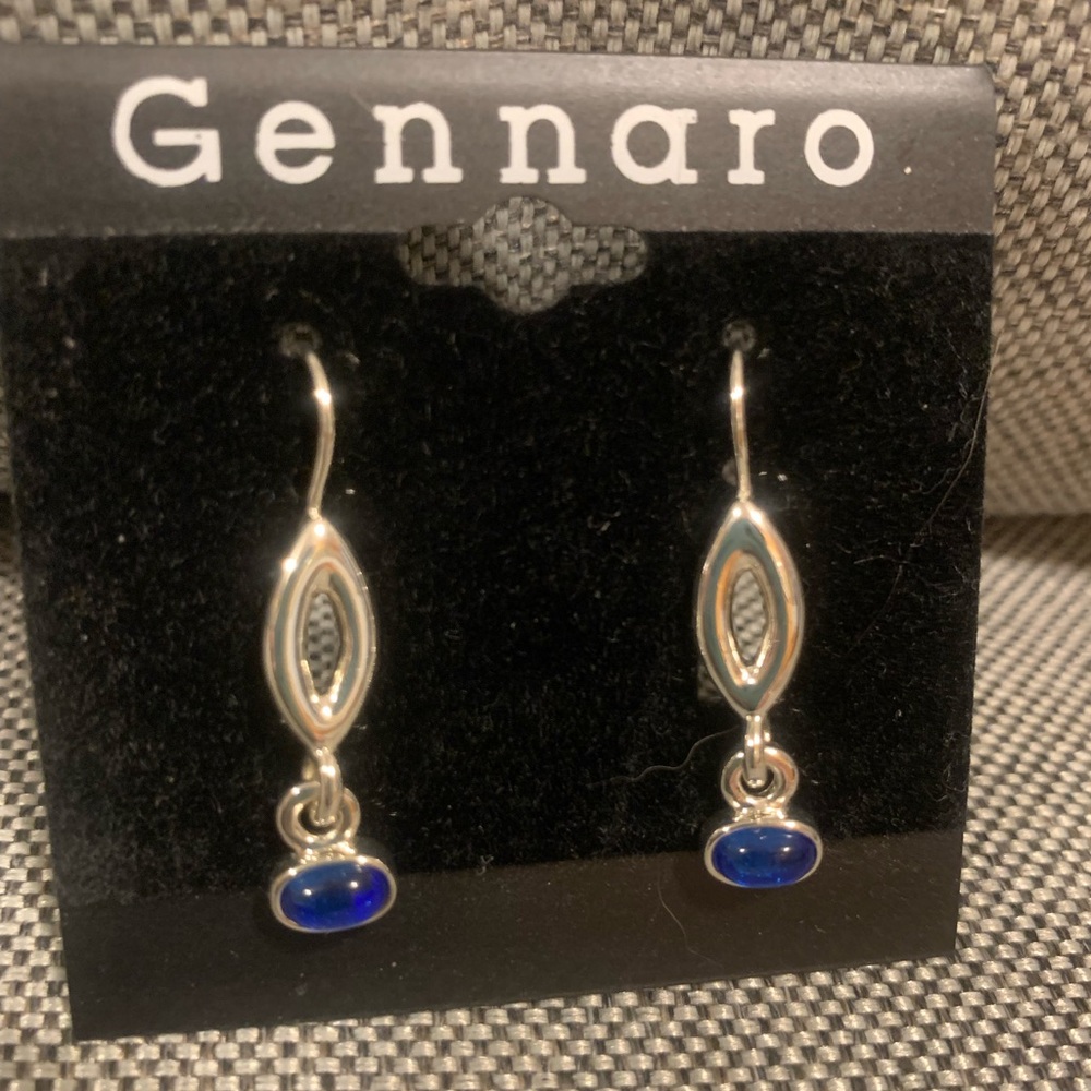 NEW Gennaro Beautiful Silvertone Drop Pierced Earrings w/Blue Stone